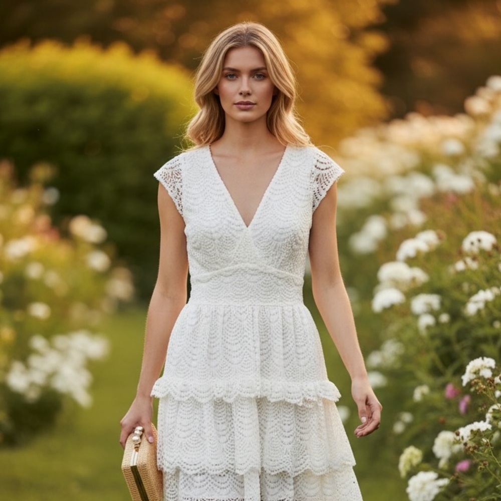 NWT Lilly Pulitzer Faye V-Neck Lace Ruffle Dress Resort White XL Scalloped